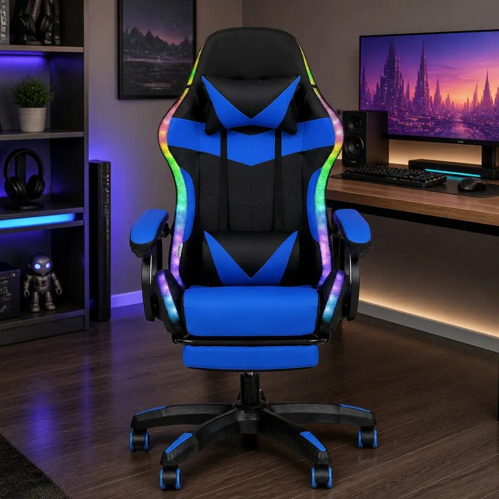 Gaming Office Chair RGB LED Massage Ergonomic PU Leather with Footrest Blue Black