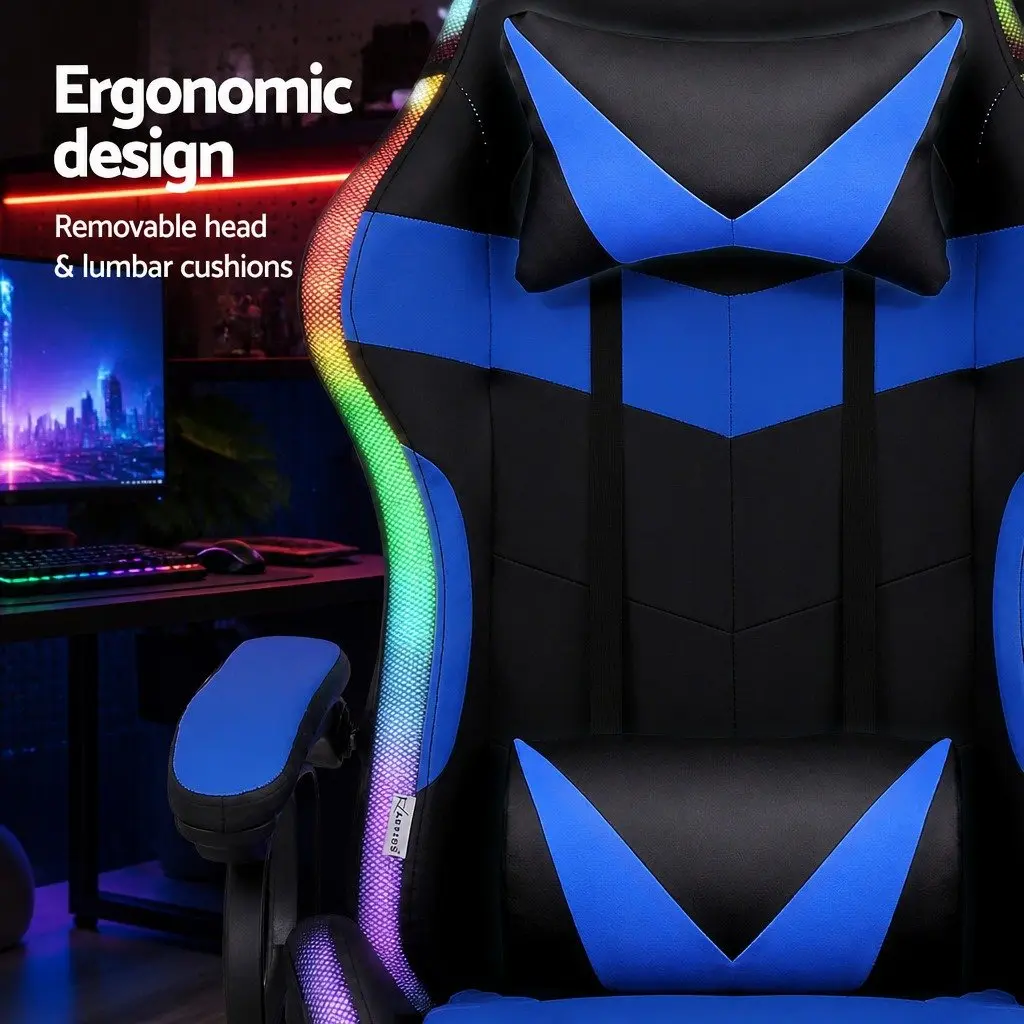 Gaming Office Chair RGB LED Massage Ergonomic PU Leather with Footrest Blue Black