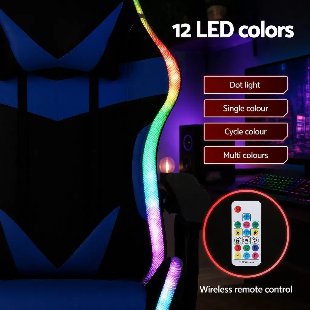 Gaming Office Chair RGB LED Massage Ergonomic PU Leather with Footrest Blue Black