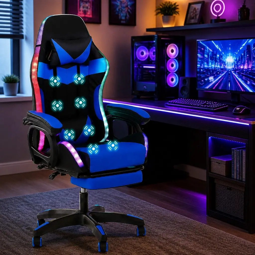 Gaming Office Chair RGB LED Massage Ergonomic PU Leather with Footrest Blue Black