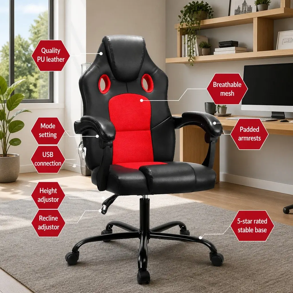 Massage Gaming Office Chair 2-Zone Vibration PU Leather High Back