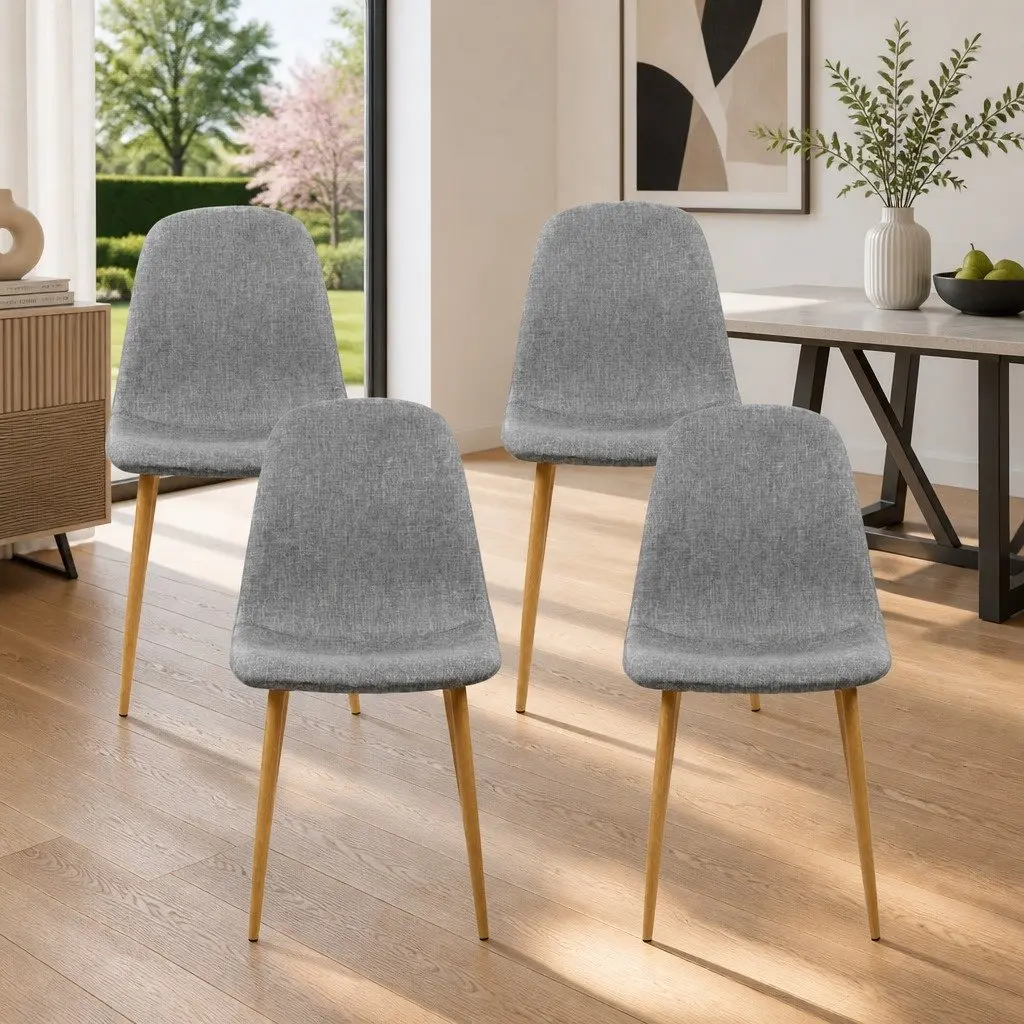 Dining Chairs Set of 4 Light Grey Curved Slope Linen Fabric Seat Iron Legs
