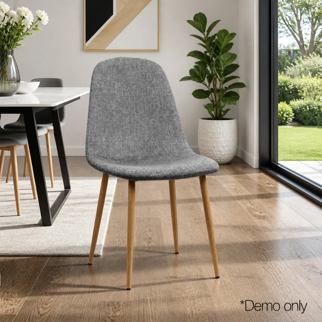 Dining Chairs Set of 4 Light Grey Curved Slope Linen Fabric Seat Iron Legs