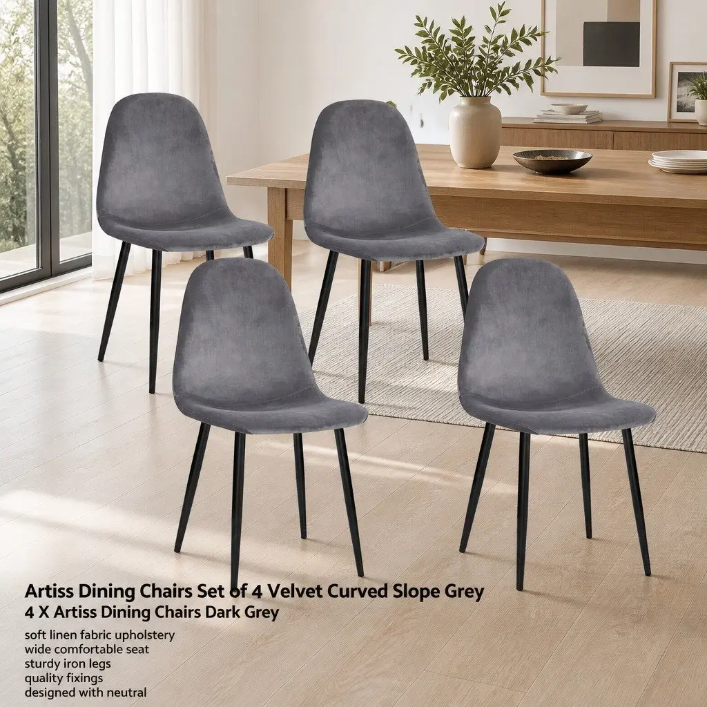 Dining Chairs Set of 4 Dark Grey Velvet Curved Slope Seat Modern Kitchen