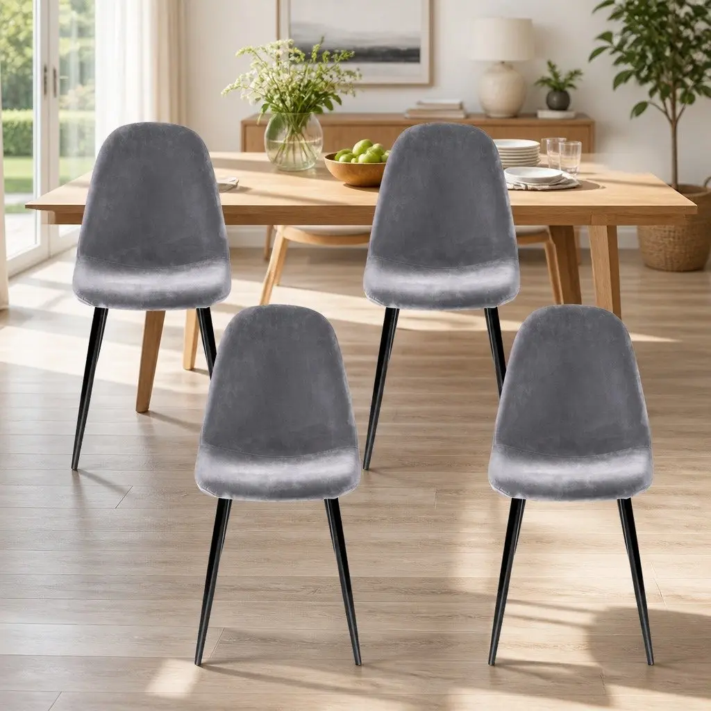 Dining Chairs Set of 4 Dark Grey Velvet Curved Slope Seat Modern Kitchen