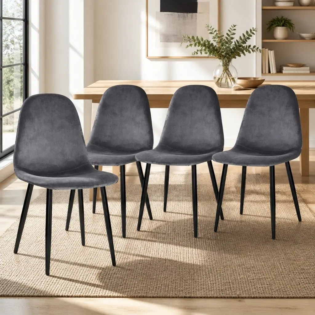 Dining Chairs Set of 4 Dark Grey Velvet Curved Slope Seat Modern Kitchen