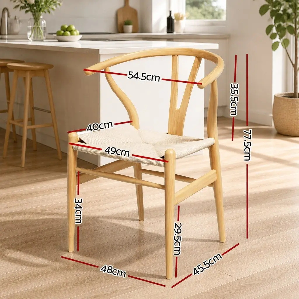 Dining Chairs Wishbone Back Natural Oak Rubberwood Frame Set of 4