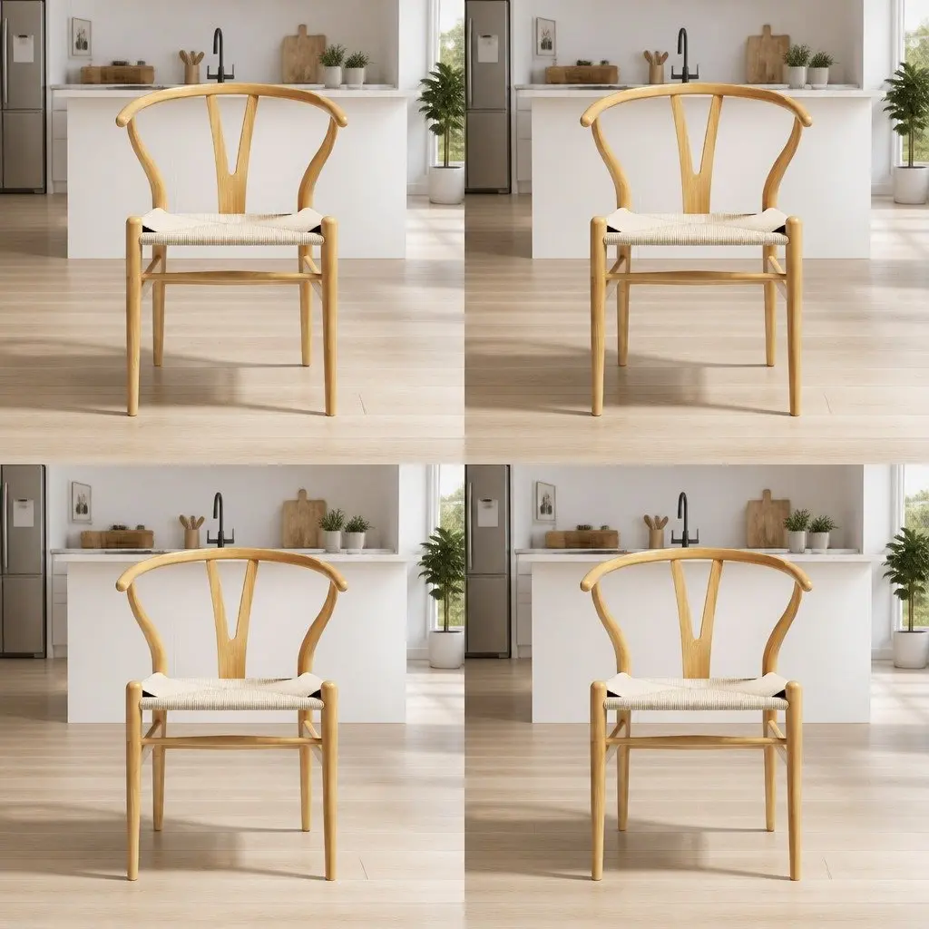 Dining Chairs Wishbone Back Natural Oak Rubberwood Frame Set of 4