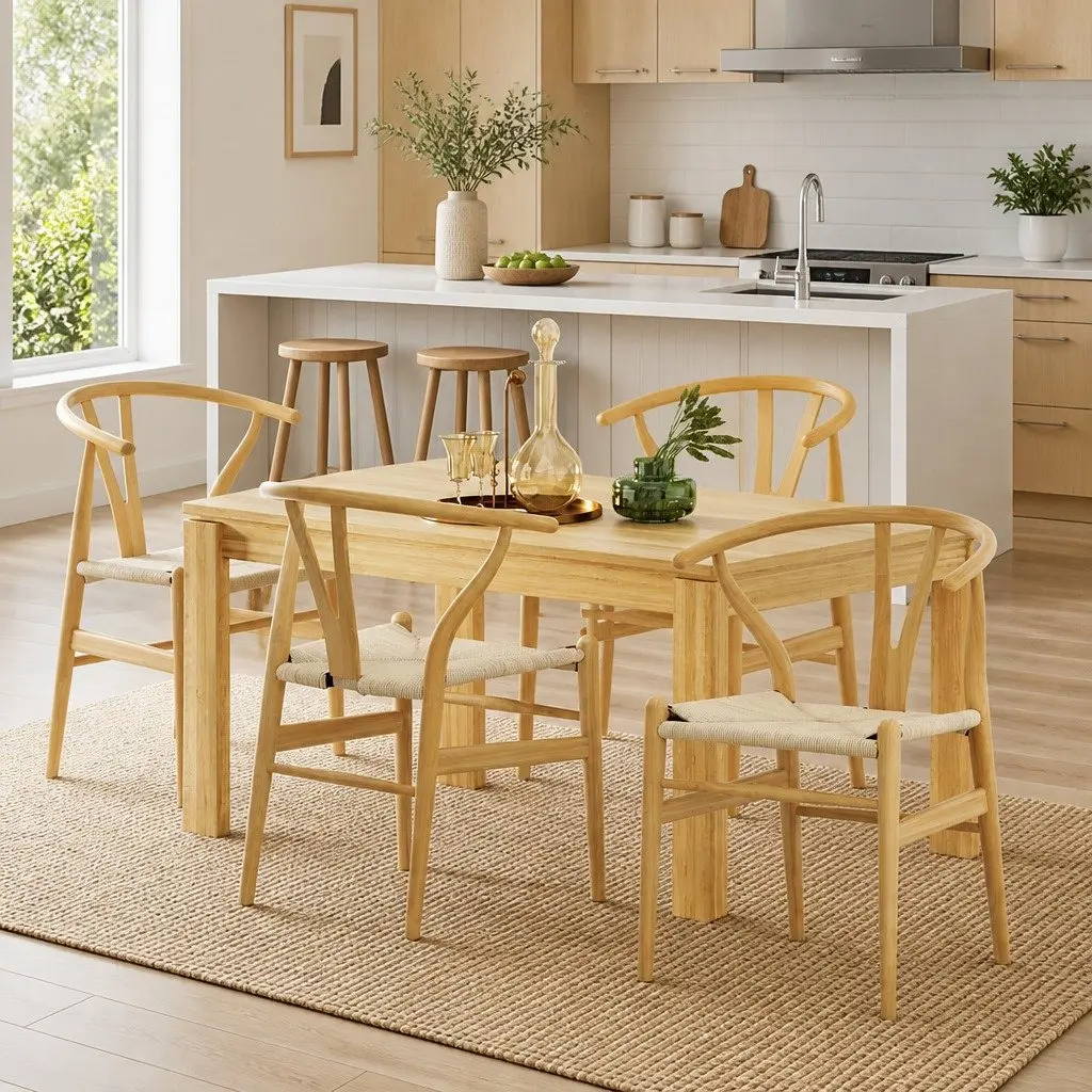 Dining Chairs Wishbone Back Natural Oak Rubberwood Frame Set of 4