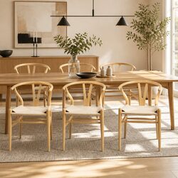 Dining Chairs Set of 6 Wooden Frame Paper Rope Seat Wishbone Backrest Kitchen