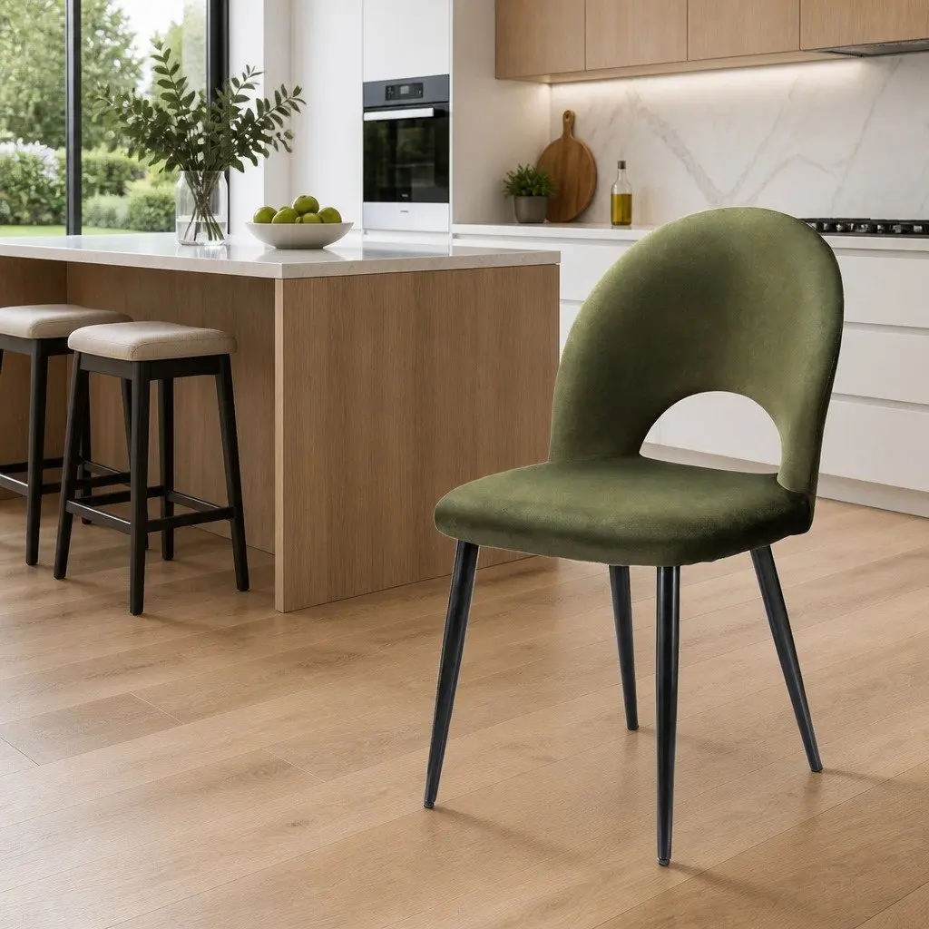 Velvet Green Dining Chairs Padded Seat Plywood Frame Set of 2