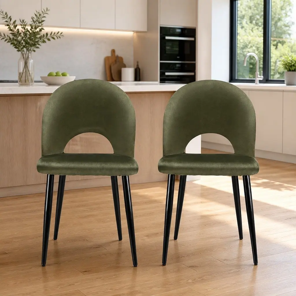 Velvet Green Dining Chairs Padded Seat Plywood Frame Set of 2