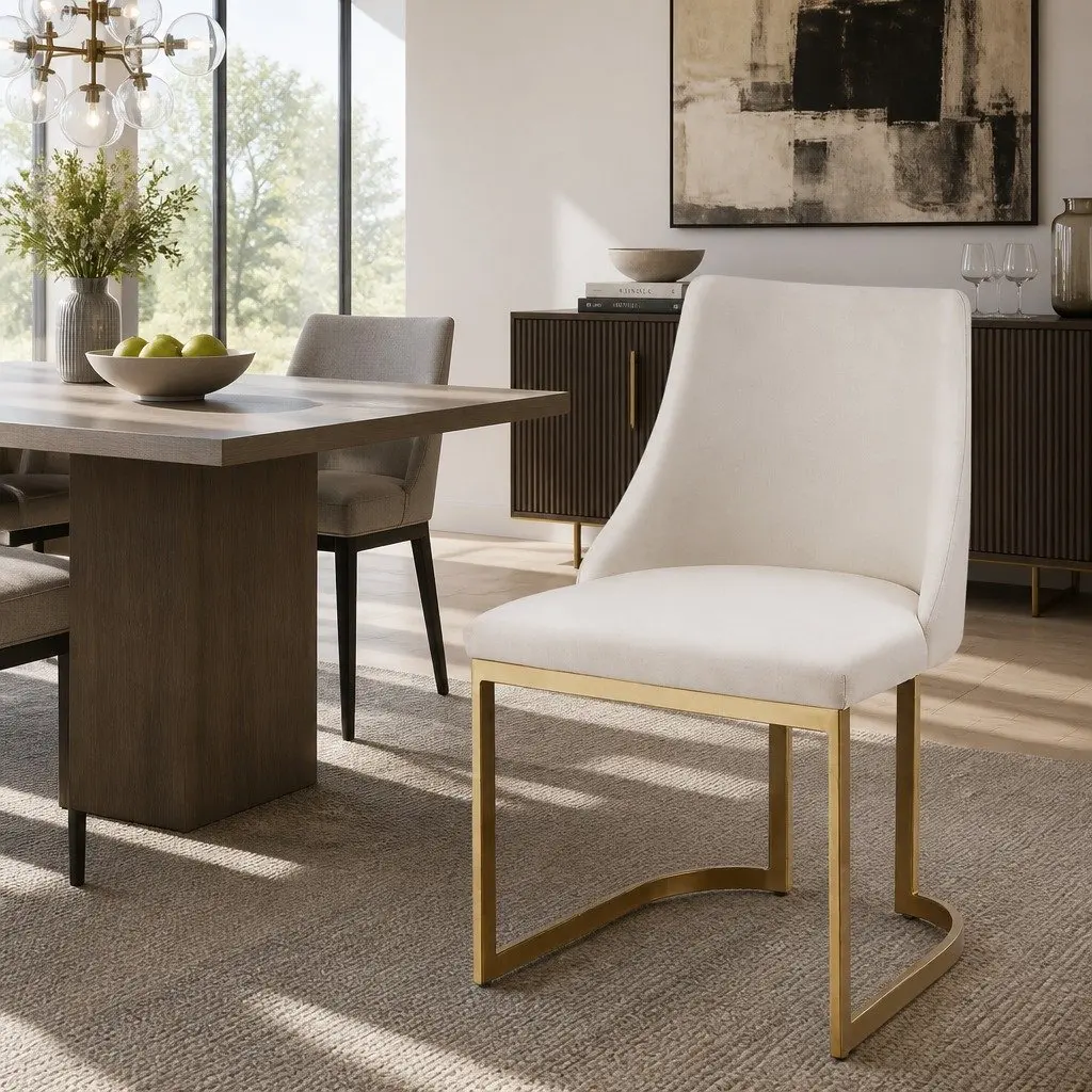 Padded Seat Beige Linen Fabric Dining Chairs Kitchen Furniture Set of 2