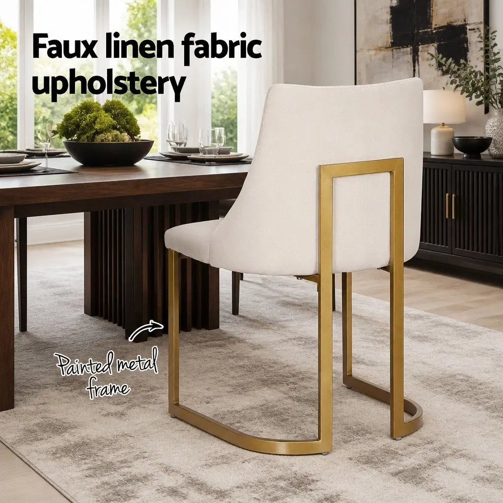 Padded Seat Beige Linen Fabric Dining Chairs Kitchen Furniture Set of 2