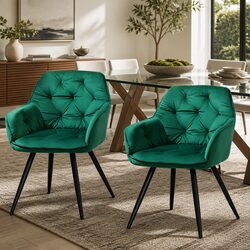 Dining Chairs Set of 2 Velvet Tufted Armchair Green Bucket Seat