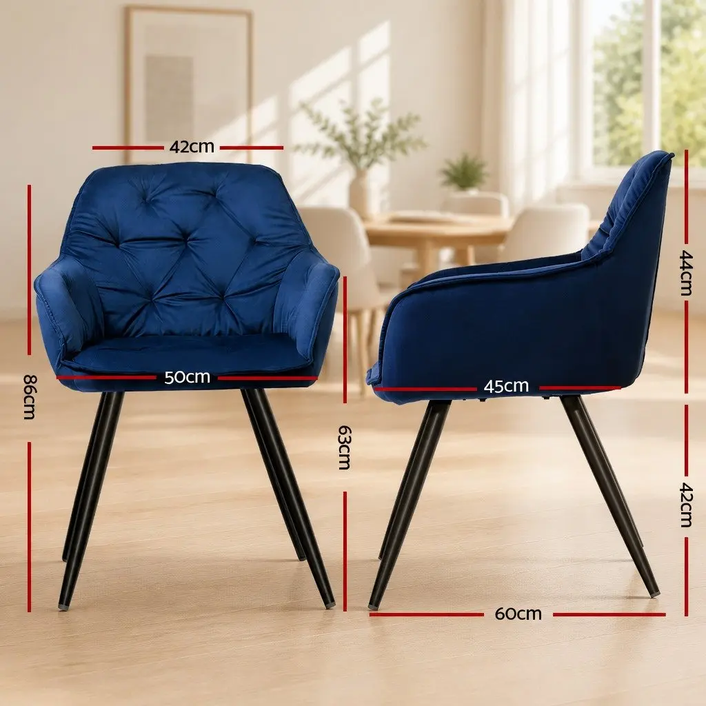 Dining Chairs Set of 2 Velvet Tufted Armchair Navy Blue Modern Furniture