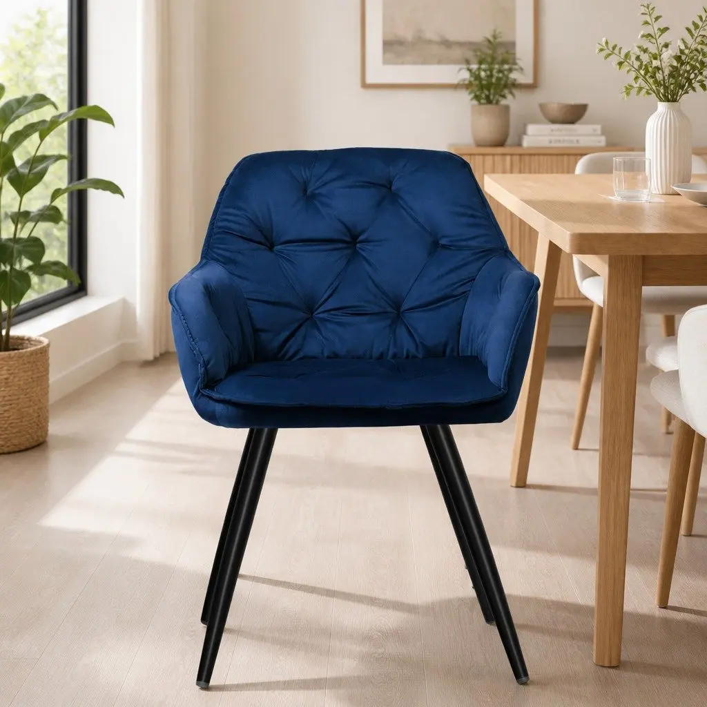 Dining Chairs Set of 2 Velvet Tufted Armchair Navy Blue Modern Furniture