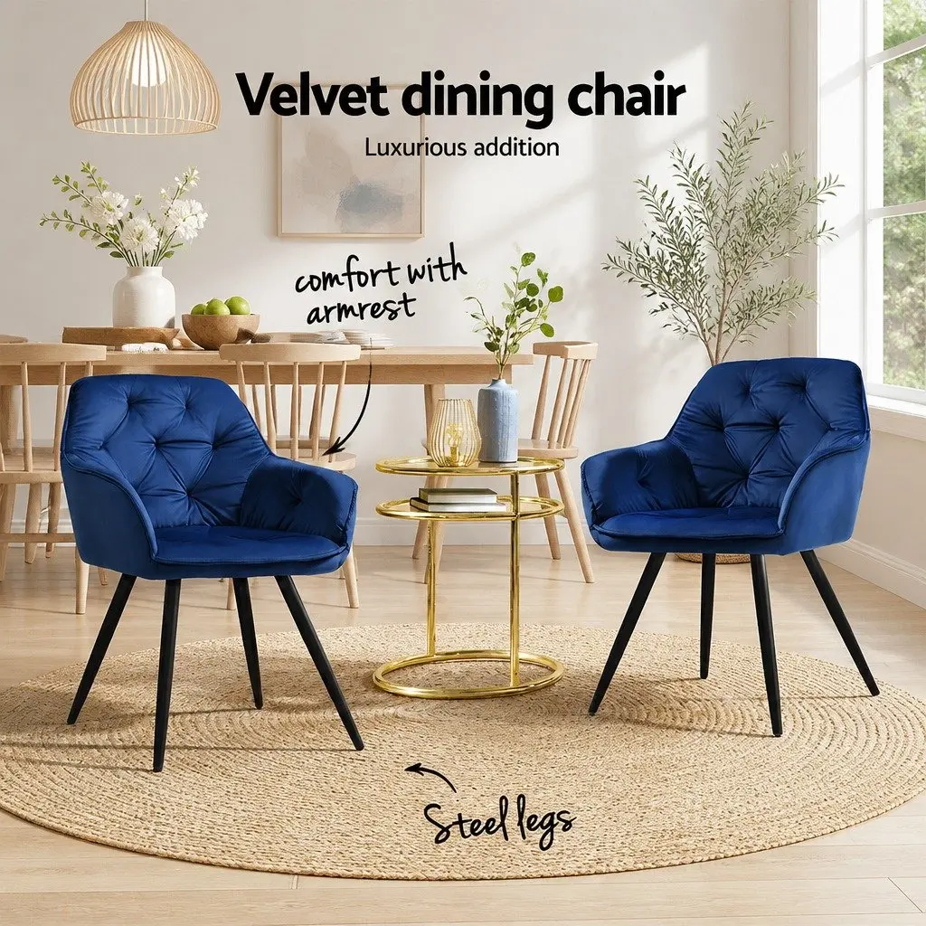 Dining Chairs Set of 2 Velvet Tufted Armchair Navy Blue Modern Furniture