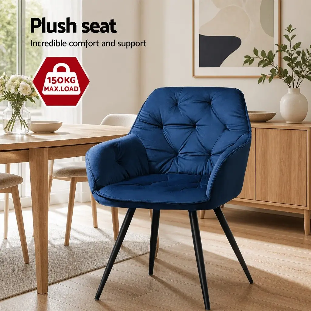 Dining Chairs Set of 2 Velvet Tufted Armchair Navy Blue Modern Furniture
