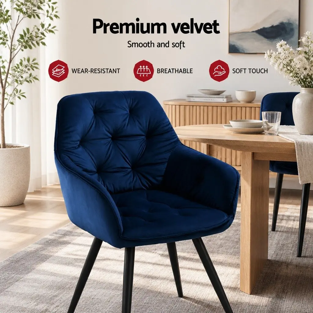 Dining Chairs Set of 2 Velvet Tufted Armchair Navy Blue Modern Furniture