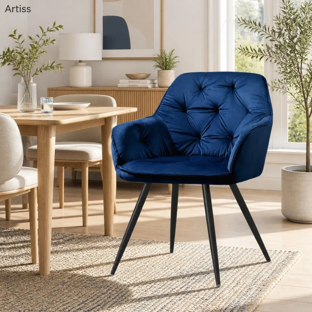 Dining Chairs Set of 2 Velvet Tufted Armchair Navy Blue Modern Furniture