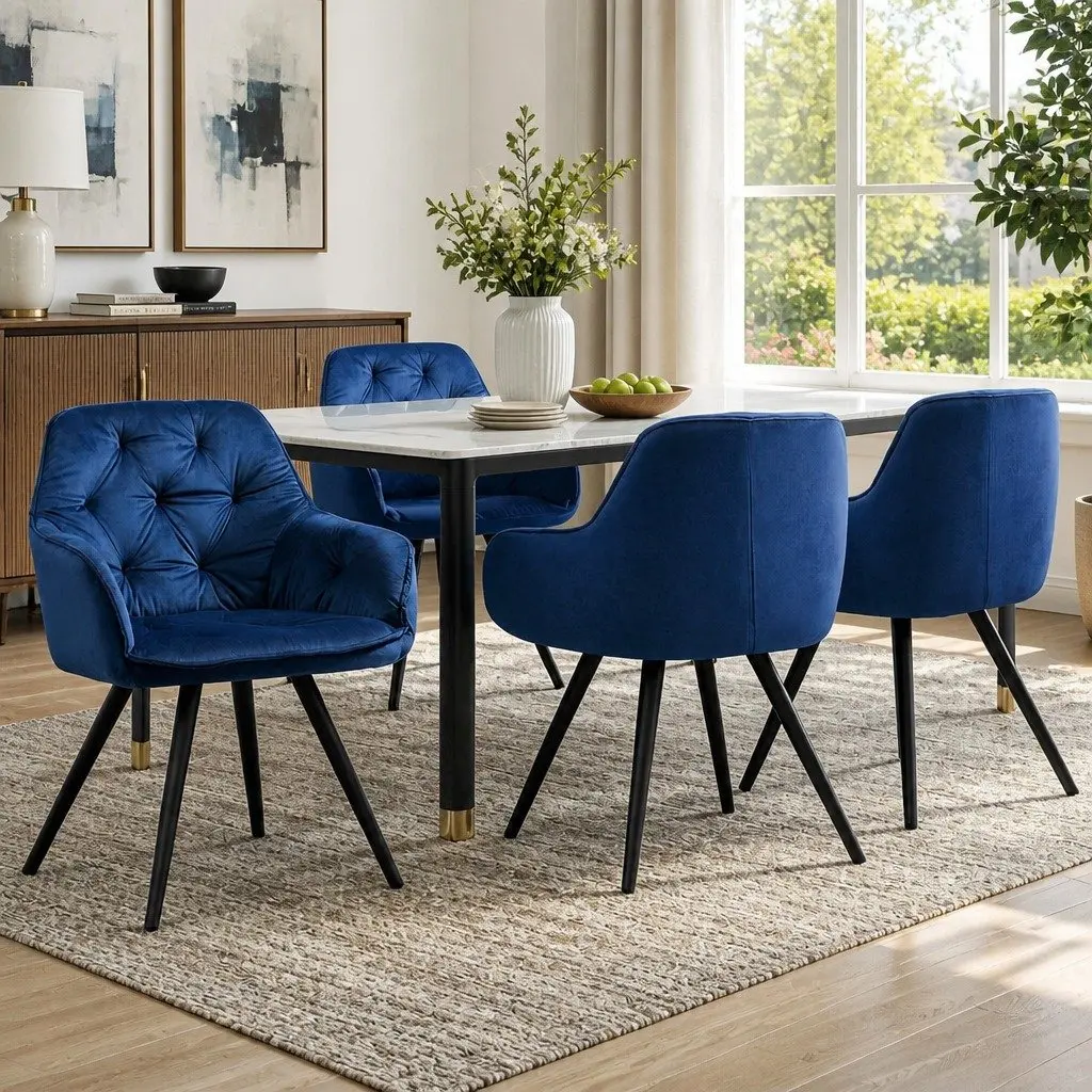 Dining Chairs Velvet Armchair Navy Blue Bucket Style Set of 4