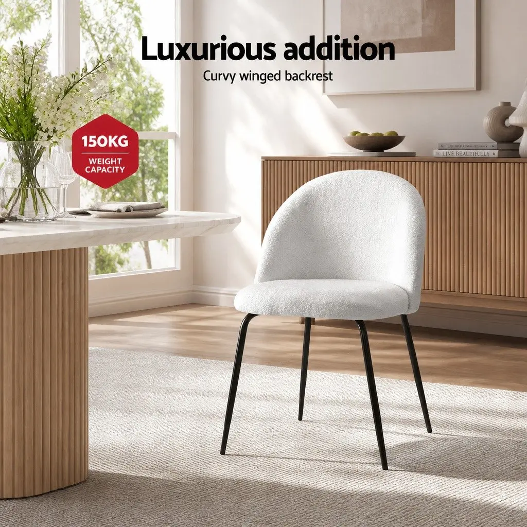 Dining Chairs Set of 2 White Sherpa Boucle Upholstered Winged Backrest Seats