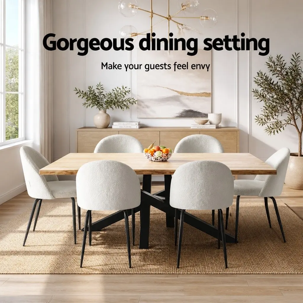 Dining Chairs Set of 2 White Sherpa Boucle Upholstered Winged Backrest Seats