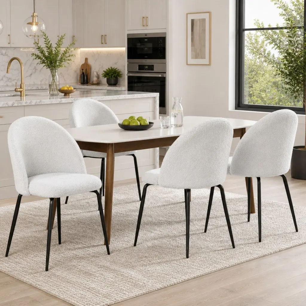 Dining Chairs Modern White Sherpa Boucle 4 Piece