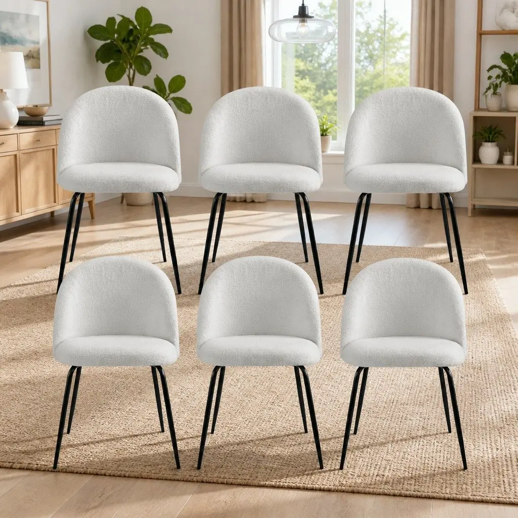 Set of 6 Dining Chairs White Sherpa Fabric Winged Backrest Modern Kitchen Furniture