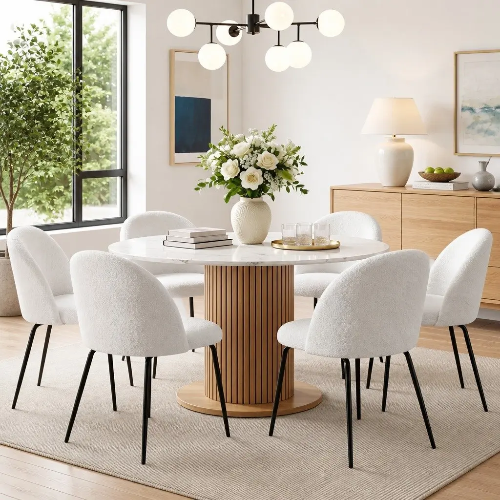 Set of 6 Dining Chairs White Sherpa Fabric Winged Backrest Modern Kitchen Furniture