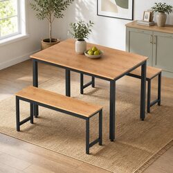 Dining Table and Bench Set 3PC Kitchen Metal Frame Natural Oak Space-Saving