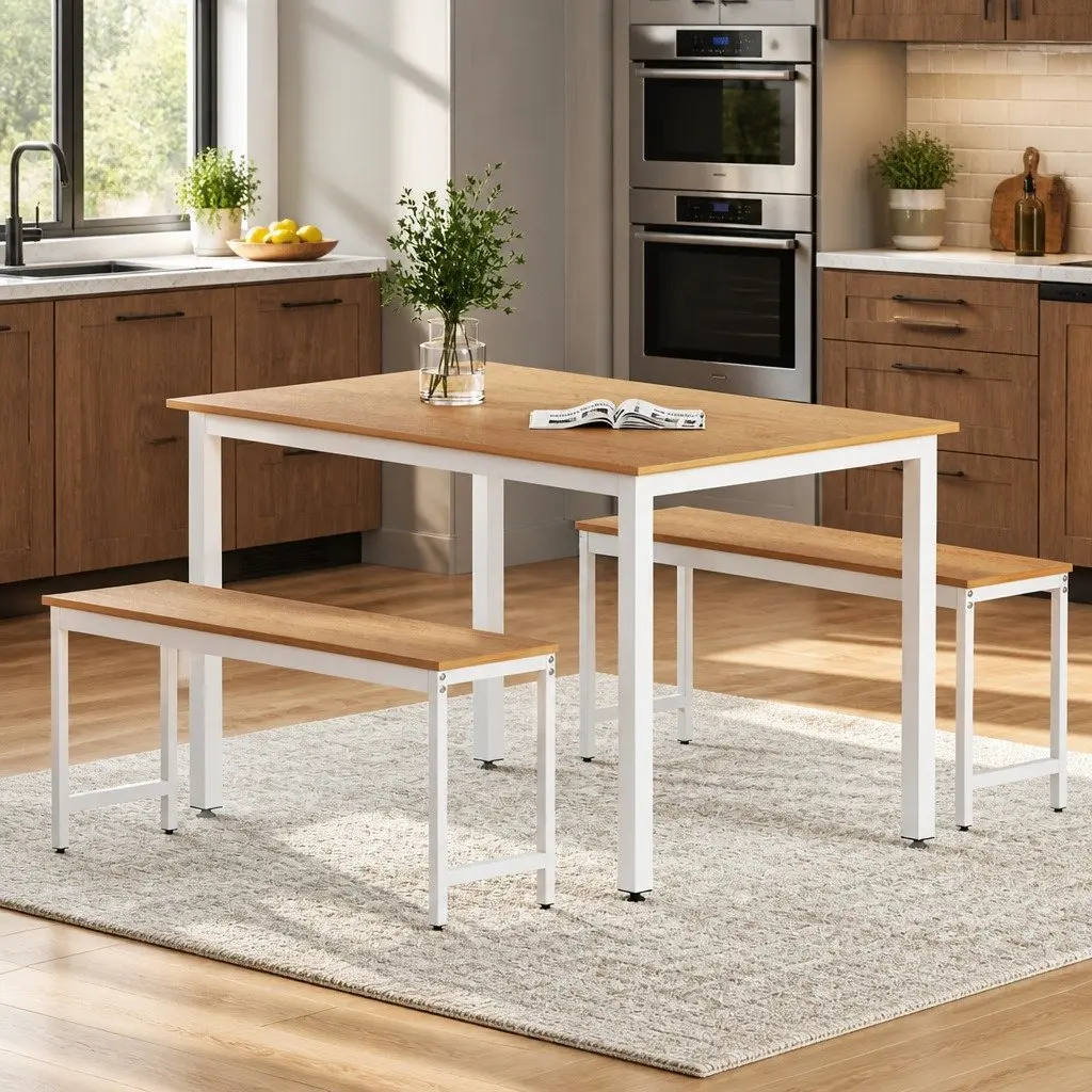 Dining Table and Chairs Set 3 Piece Rectangular Metal Legs Kitchen Furniture