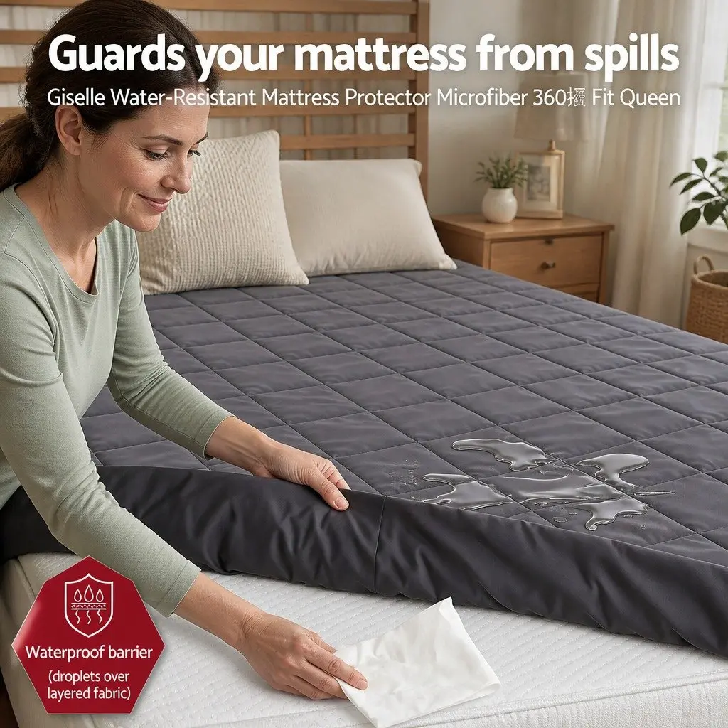 Microfiber Mattress Protector 360° Elastic Fitted Skirt Queen Size Grey Washable