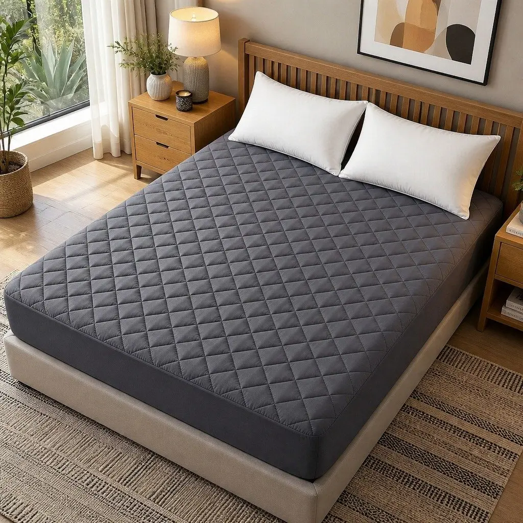 Microfiber Mattress Protector 360° Elastic Fitted Skirt Queen Size Grey Washable