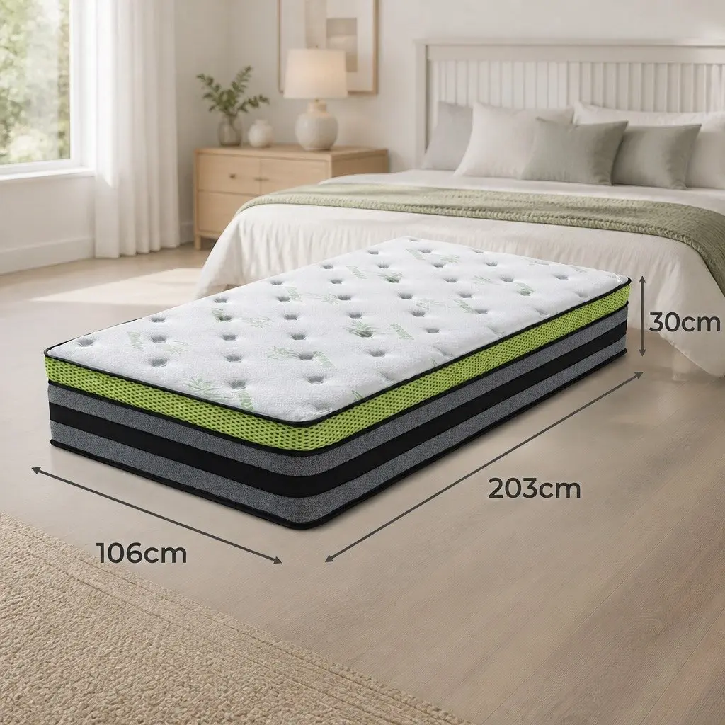Pocket Spring Mattress 7-Zone Medium-Firm Support King Single Size Cool Gel Infused Memory Foam Bamboo Fibre Cover