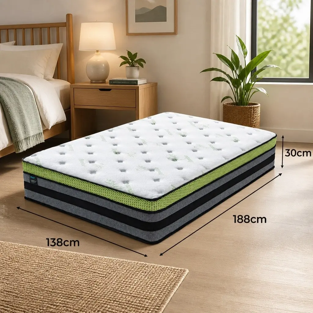 Double Pocket Spring Mattress Medium-Firm 7-Zone Support Cool Gel Memory Foam 188cm x 137cm x 30cm