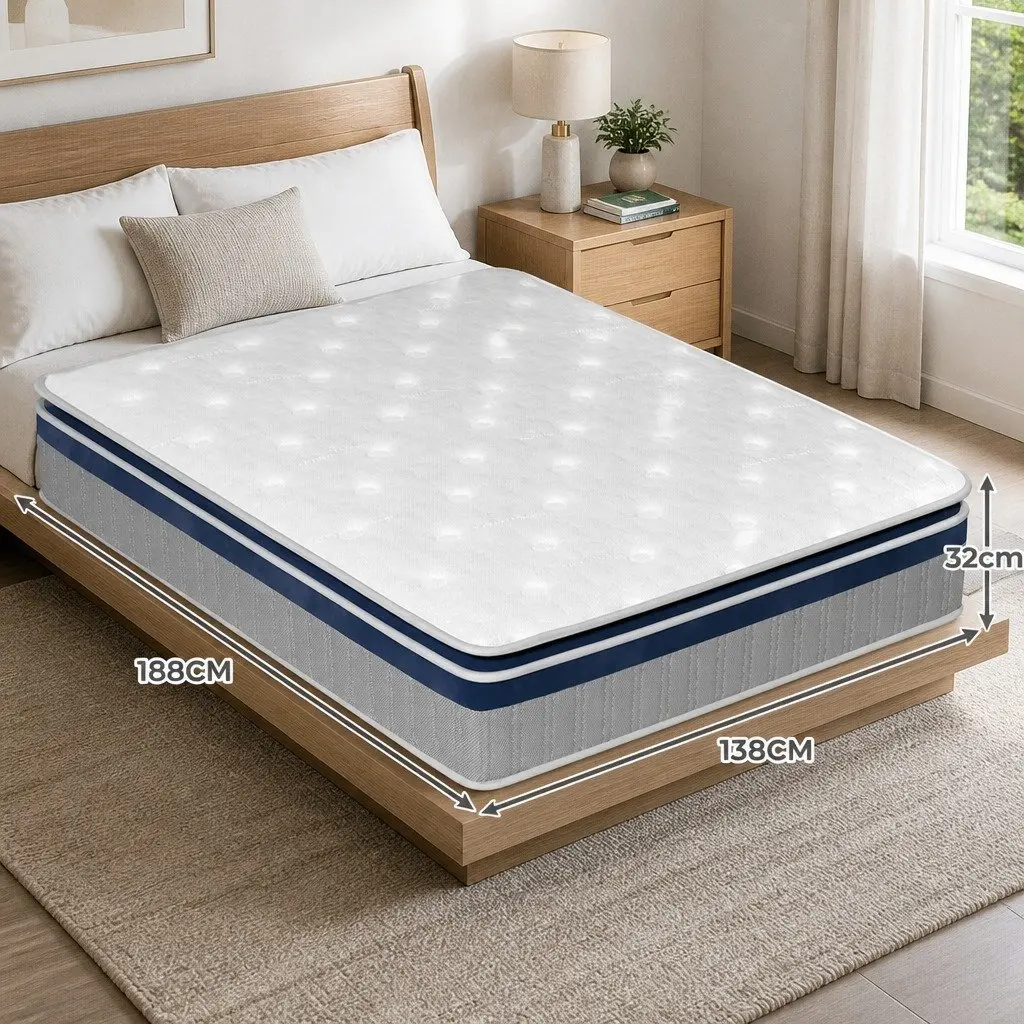 Double Spring Mattress Pillow Top 32cm Pocket Coil Foam Support