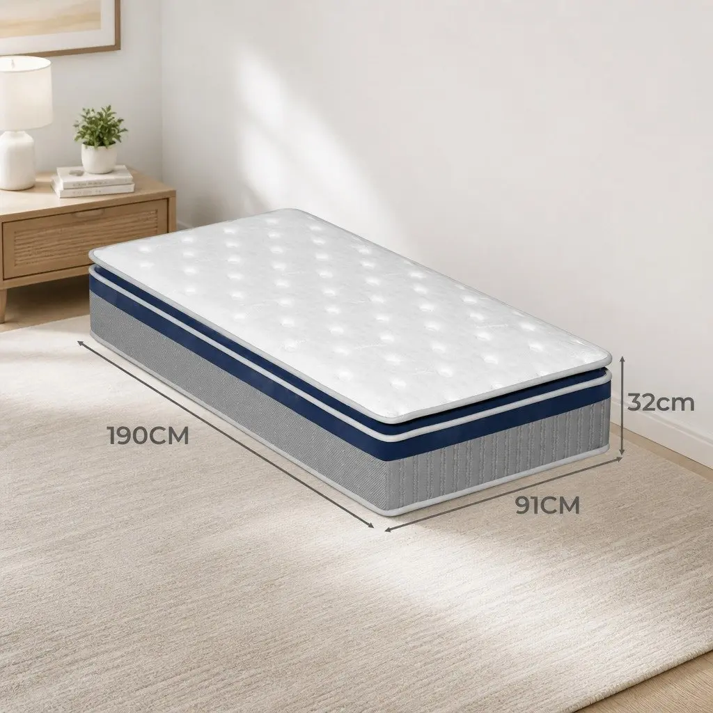Single Pillow Top Spring Mattress 7-Zone Pocket Coil Support 32cm Thick