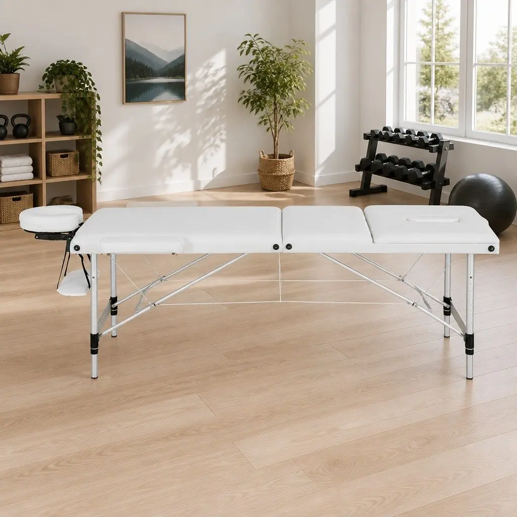 Massage Table Portable 3 Fold Adjustable 65cm Aluminium White