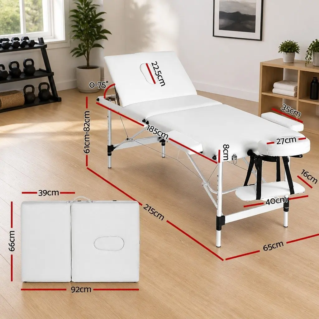 Massage Table Portable 3 Fold Adjustable 65cm Aluminium White