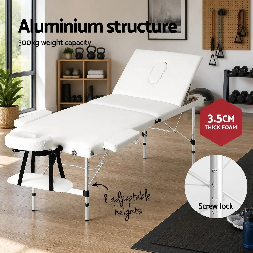 Massage Table Portable 3 Fold Adjustable 65cm Aluminium White
