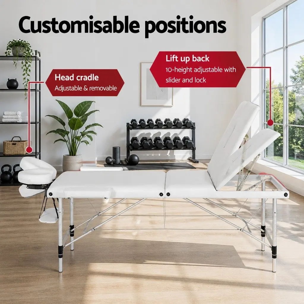 Massage Table Portable 3 Fold Adjustable 65cm Aluminium White