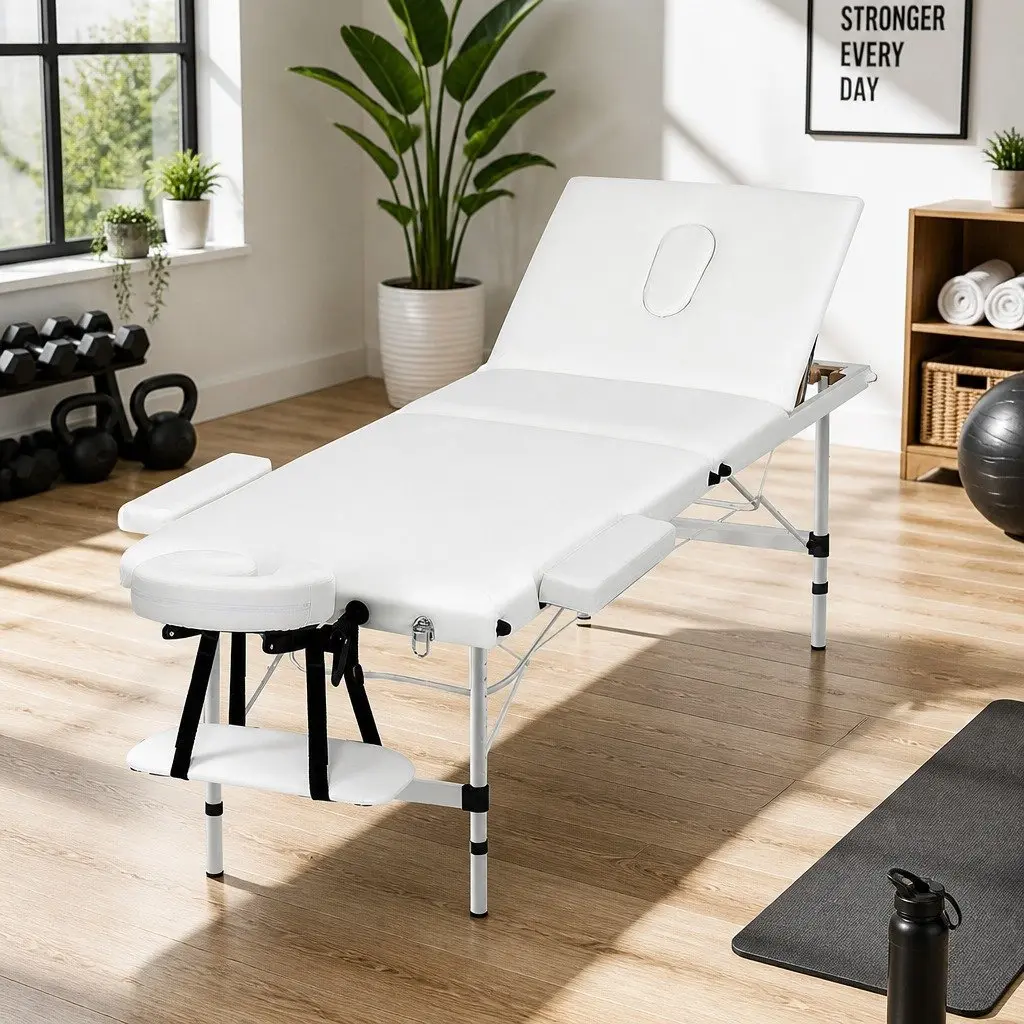 Massage Table Portable 3 Fold Adjustable 65cm Aluminium White