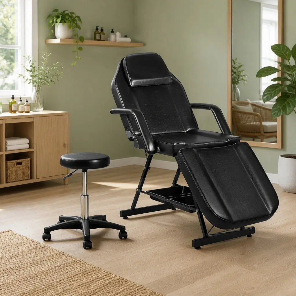 Massage Table Adjustable 3-Fold Salon Bed with Stool Face Cradle Headrest Black