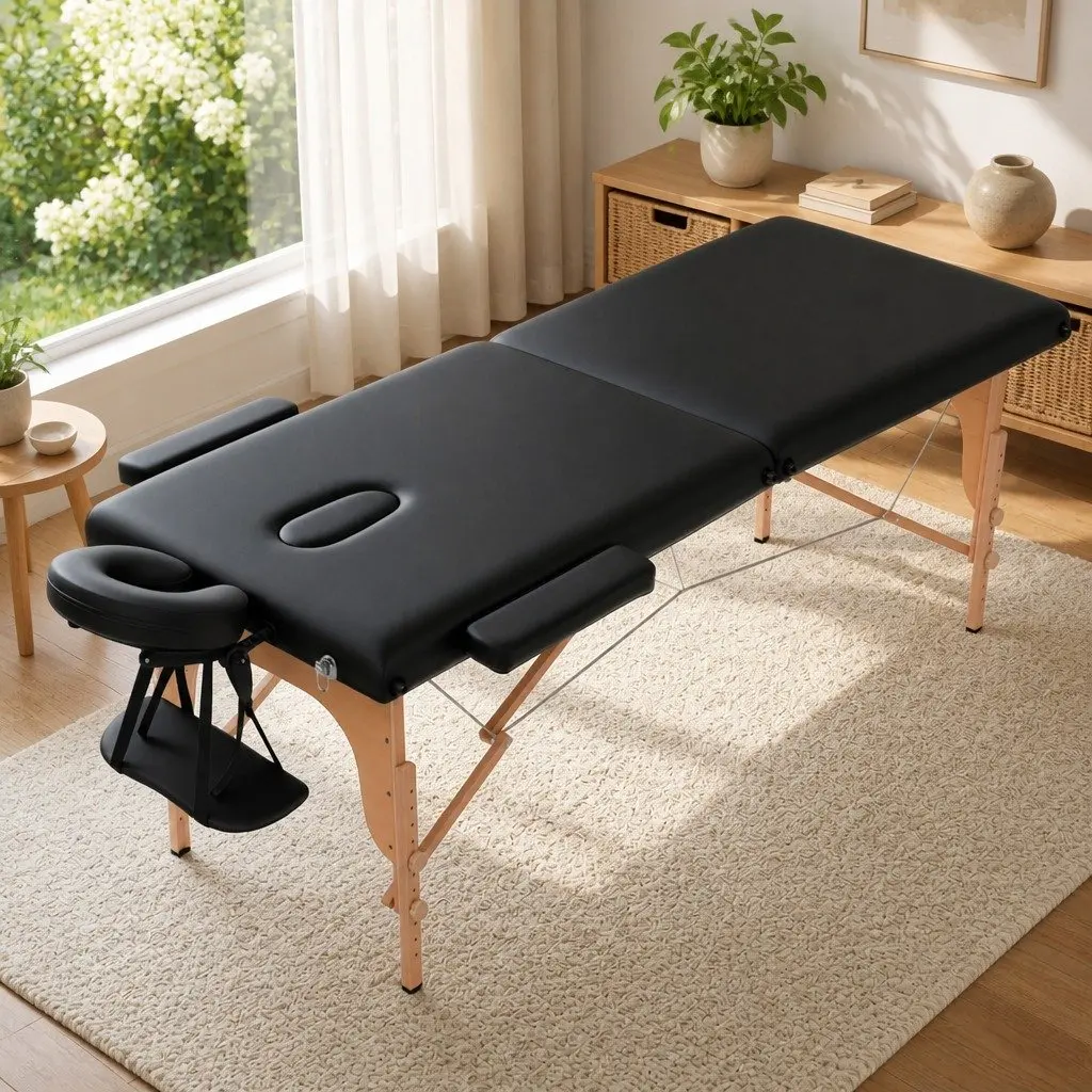 Portable Massage Table 70cm 2 Fold Wooden Beauty Therapy Waxing Bed Black