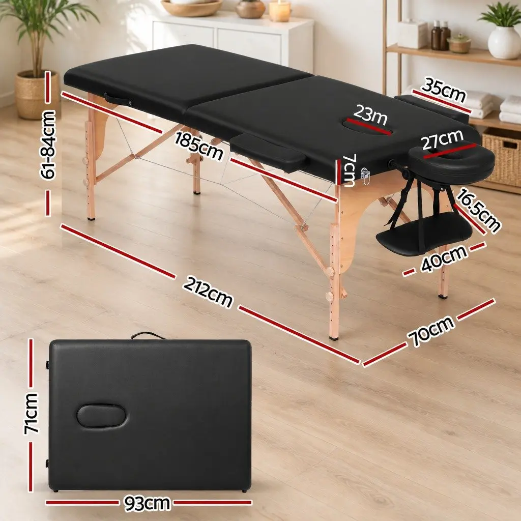 Portable Massage Table 70cm 2 Fold Wooden Beauty Therapy Waxing Bed Black