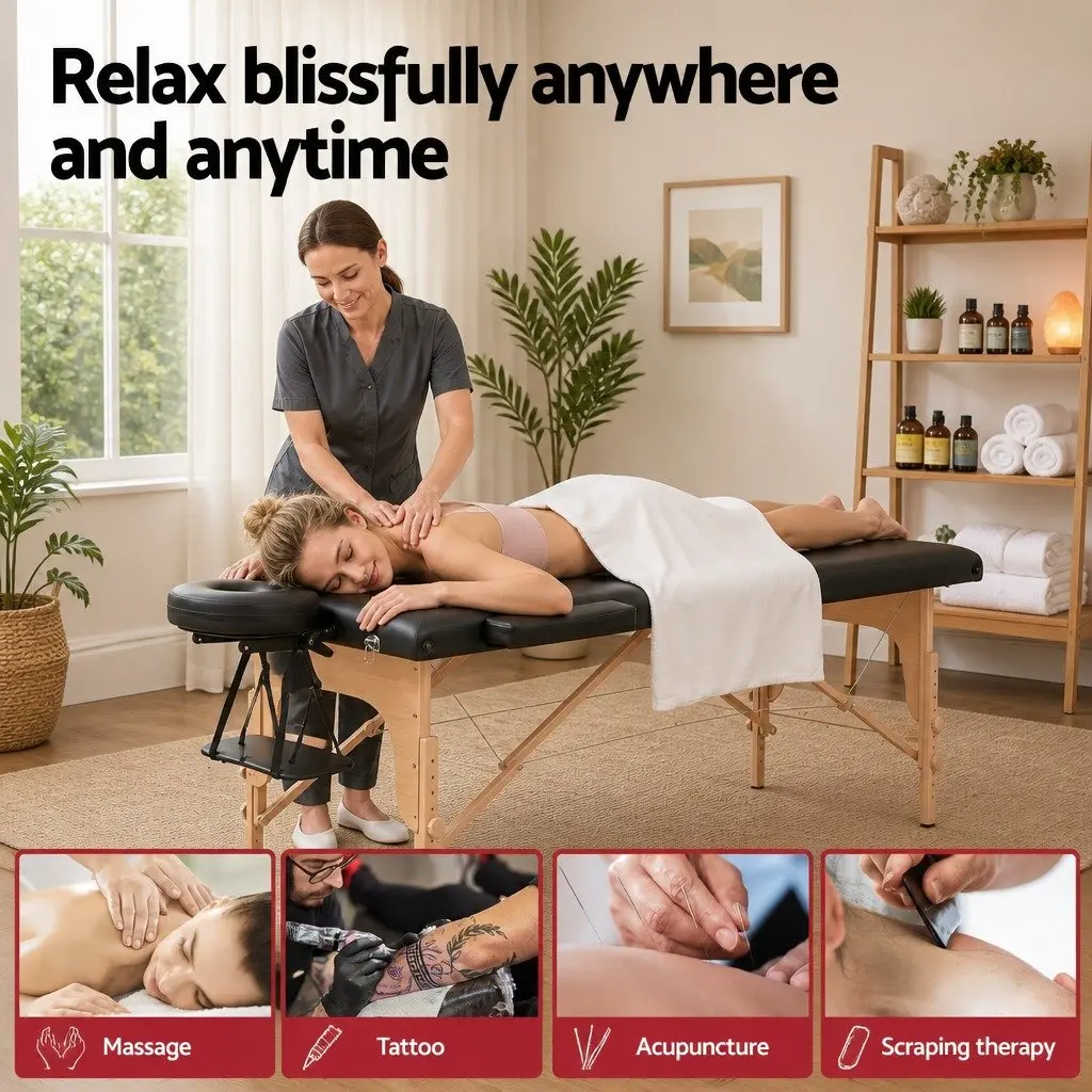 Portable Massage Table 70cm 2 Fold Wooden Beauty Therapy Waxing Bed Black