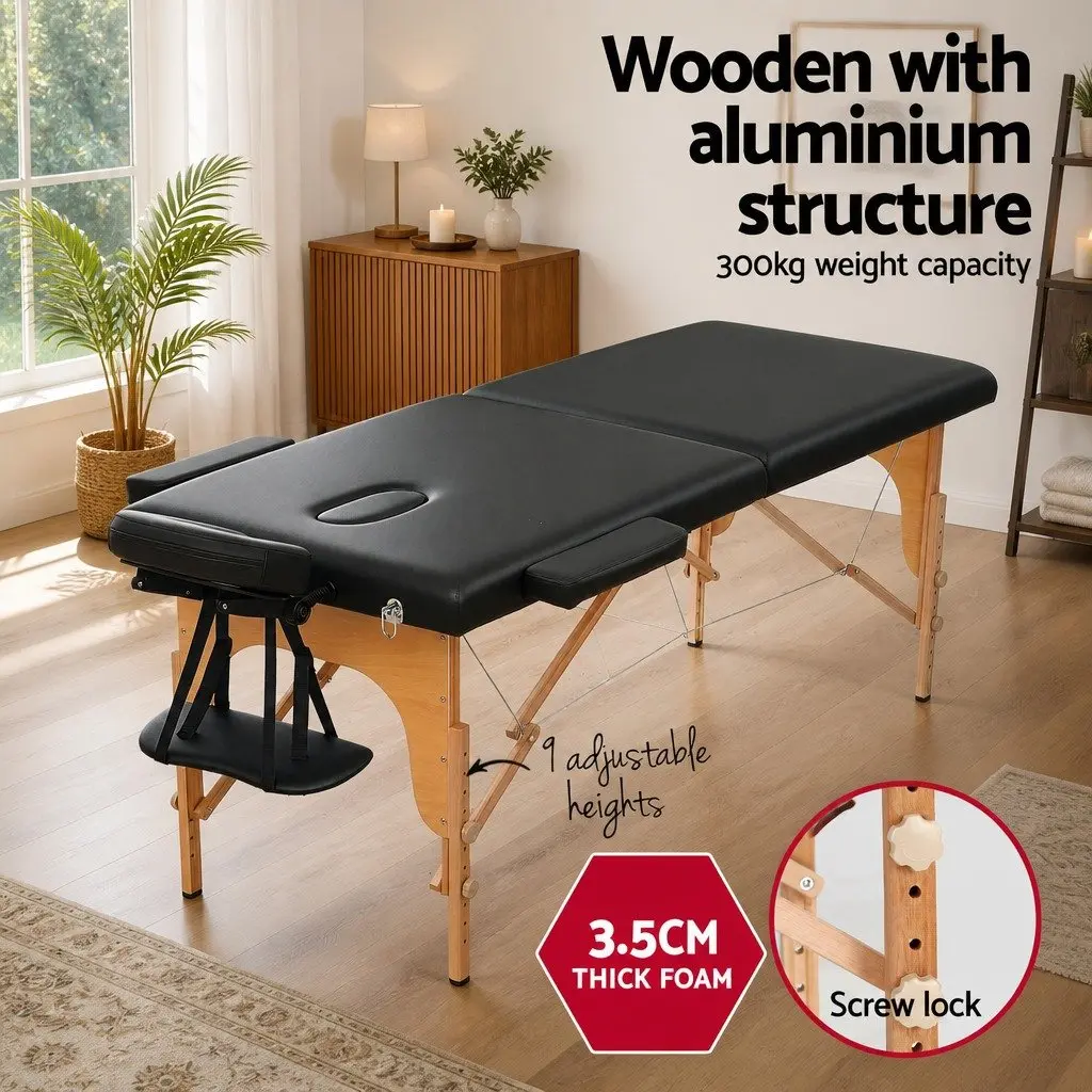 Portable Massage Table 70cm 2 Fold Wooden Beauty Therapy Waxing Bed Black