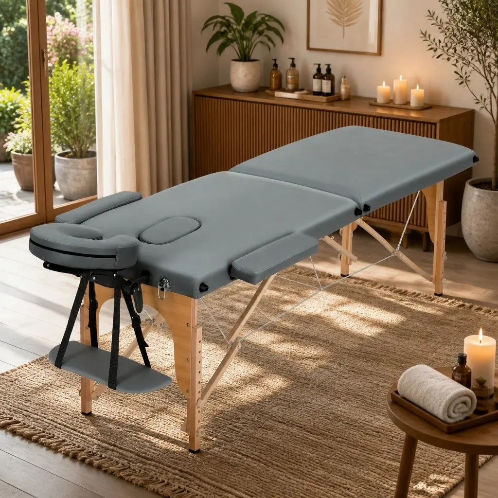 Massage Table 56cm Portable 2 Fold Wooden Beauty Bed Grey Adjustable Height